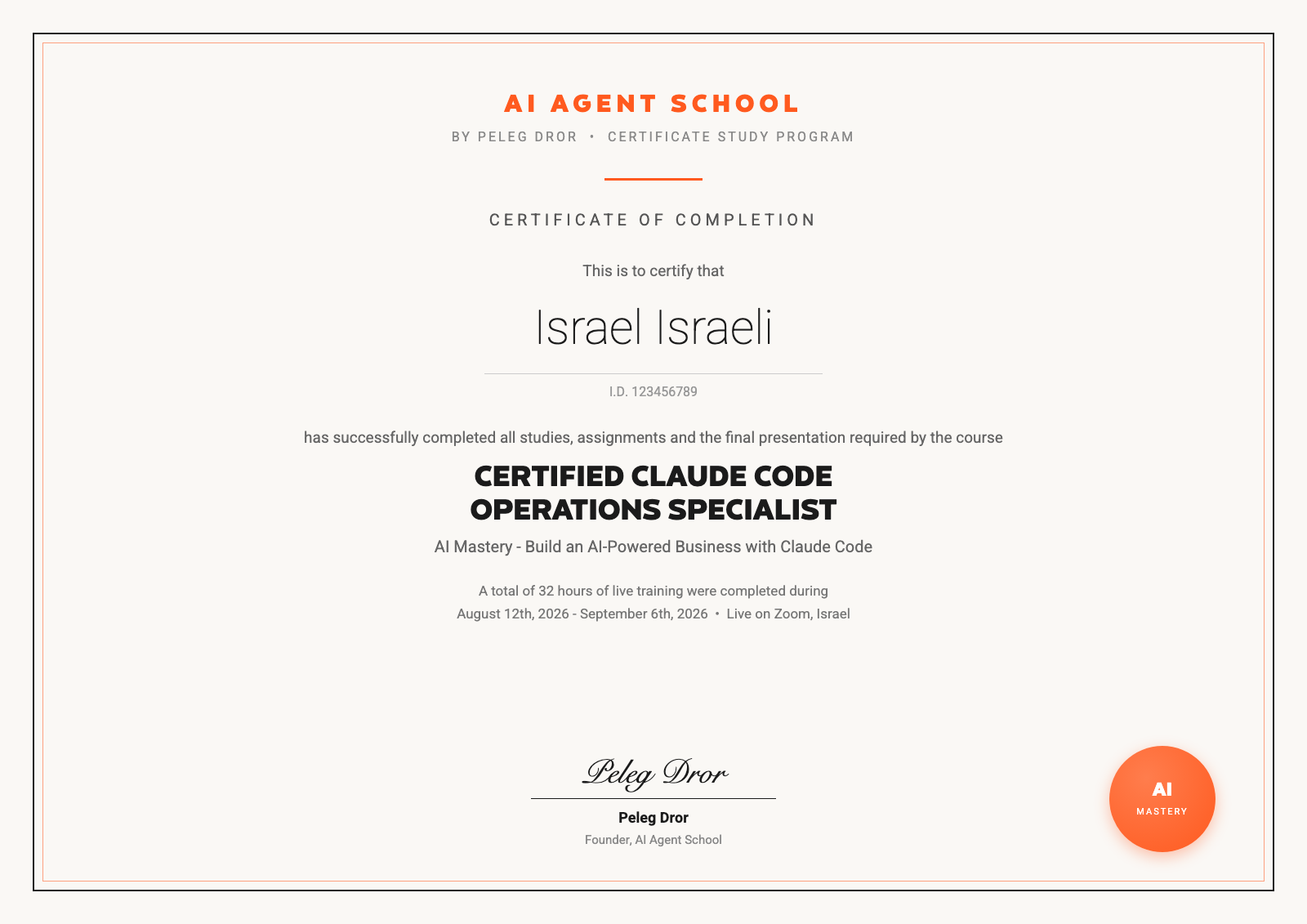 Sample certificate: Certified Claude Code Operations Specialist