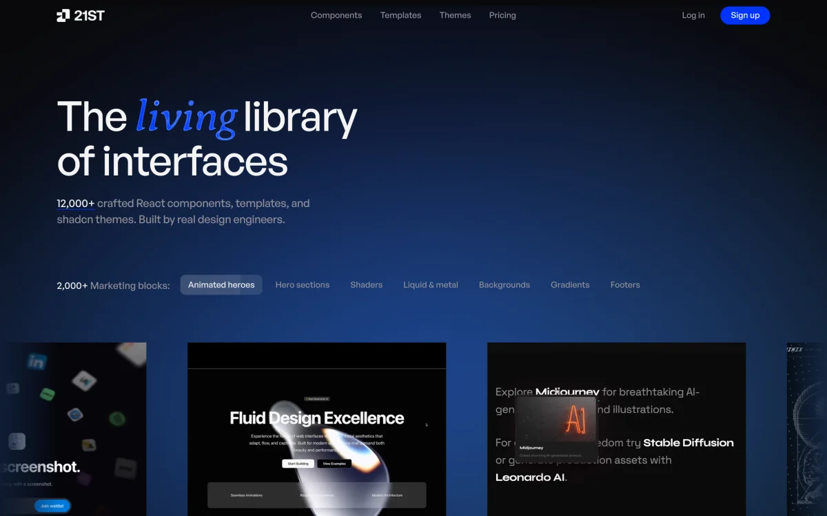 דף הבית של 21st.dev עם הכותרת The living library of interfaces והמספר של יותר מ-12,000 רכיבים