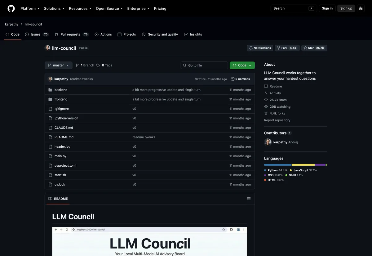 עמוד הפרויקט LLM Council בגיטהאב עם התיאור LLM Council works together to answer your hardest questions