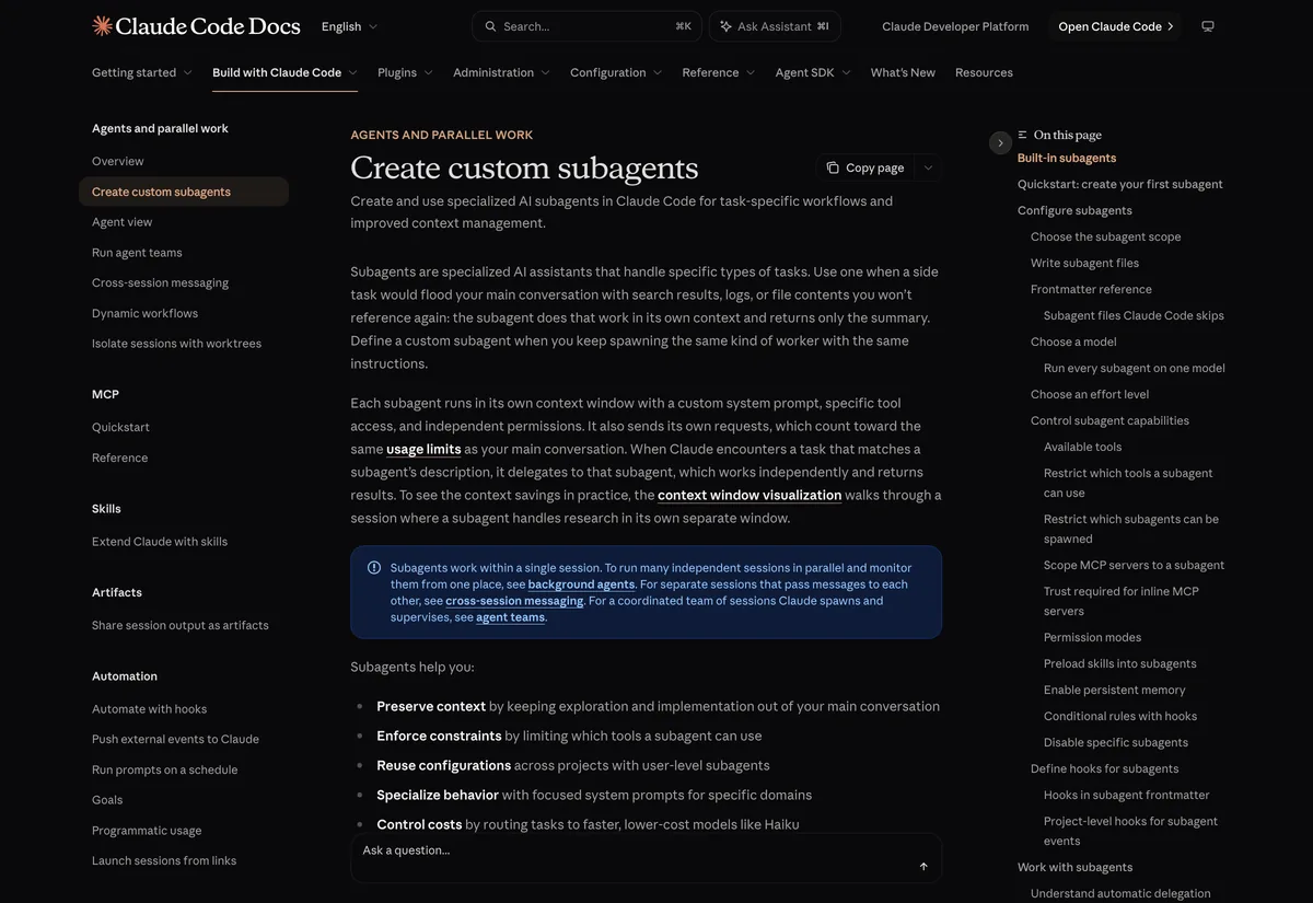 עמוד התיעוד הרשמי Create custom subagents של קלוד קוד באתר code.claude.com