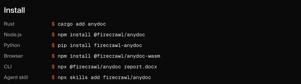 רשימת ההתקנות באתר של anydoc: Rust, Node.js, Python, דפדפן, שורת פקודה וסקיל לסוכנים