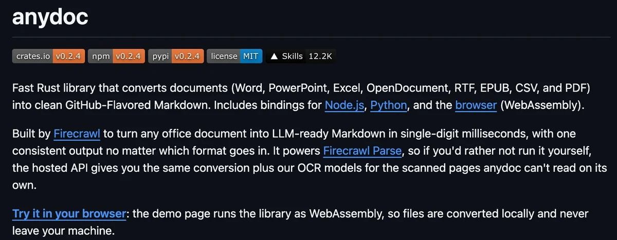 פתיחת ה-README של anydoc בגיטהאב: ספריית Rust שממירה מסמכים ל-Markdown במילישניות, ודמו בדפדפן שבו הקבצים לא יוצאים מהמחשב