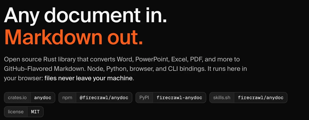האתר של anydoc עם הכותרת Any document in. Markdown out. והשורה שהקבצים לא יוצאים מהמחשב