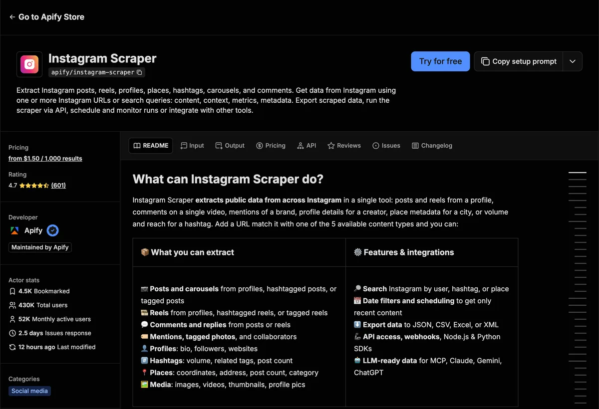 עמוד הכלי Instagram Scraper בחנות של Apify, עם מחיר החל מ-1.50 דולר לאלף תוצאות ורשימת הנתונים שאפשר לאסוף: פרופילים, רילס, תגובות ותמונות