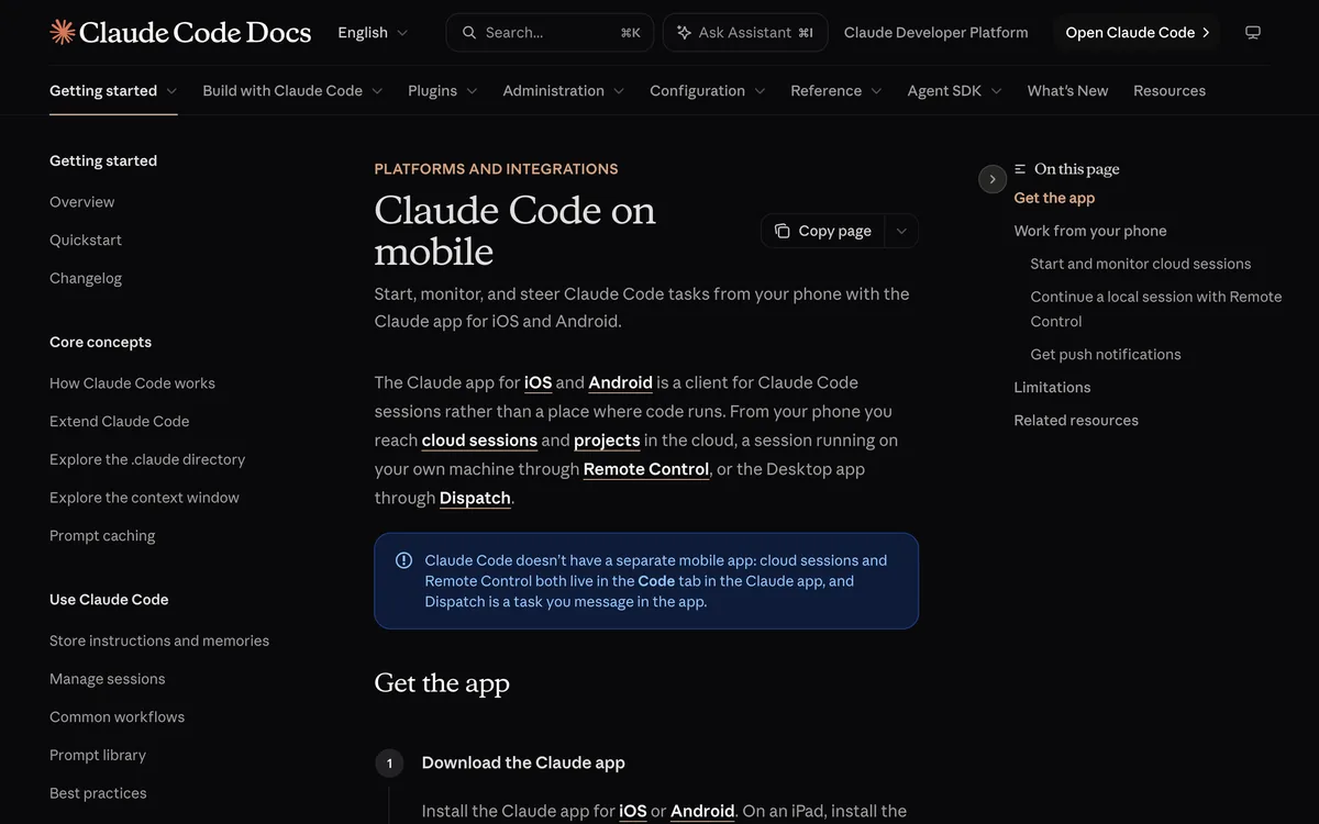 עמוד התיעוד Claude Code on mobile שמסביר איך לנהל משימות של קלוד קוד מאפליקציית Claude בטלפון