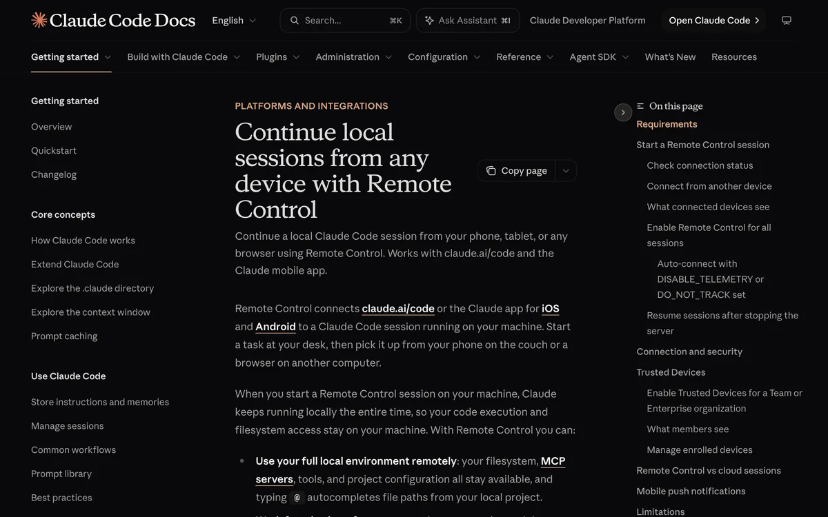 עמוד התיעוד של קלוד קוד בשם Continue local sessions from any device with Remote Control
