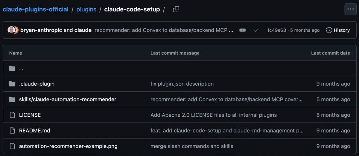 תיקיית הפלאגין claude-code-setup בגיטהאב של אנתרופיק: תיקיית הסקיל claude-automation-recommender, רישיון, README ותמונת הדוגמה