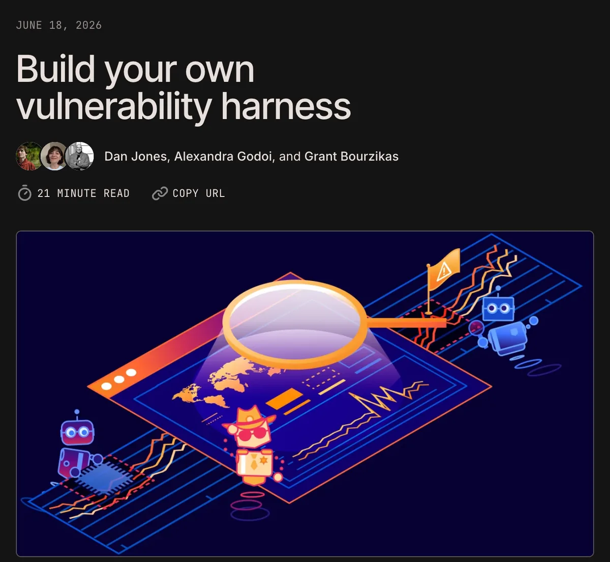 הפוסט Build your own vulnerability harness בבלוג של Cloudflare מ-18 ביוני 2026, עם איור של זכוכית מגדלת מעל לוח מעגלים