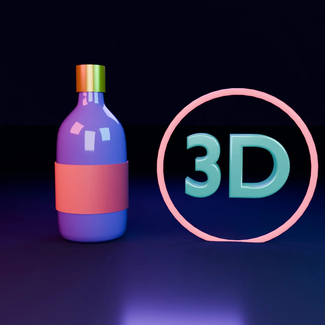 בקבוק מוצר סגול עם פקק צבעוני ולידו הכיתוב 3D בתלת מימד בתוך טבעת ורודה מוארת