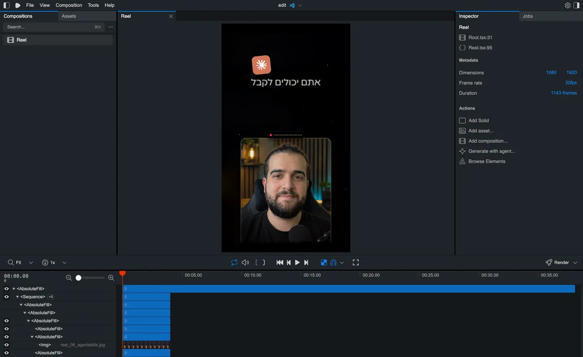 Remotion Studio פתוח בדפדפן עם ריל אנכי של פלג דרור וציר זמן של העריכה בתחתית המסך