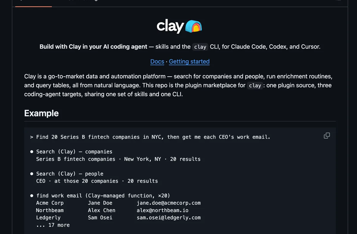 ה-README של הפלאגין של Clay בגיטהאב עם דוגמה של בקשה למצוא 20 חברות ואת המייל של המנכל בכל אחת