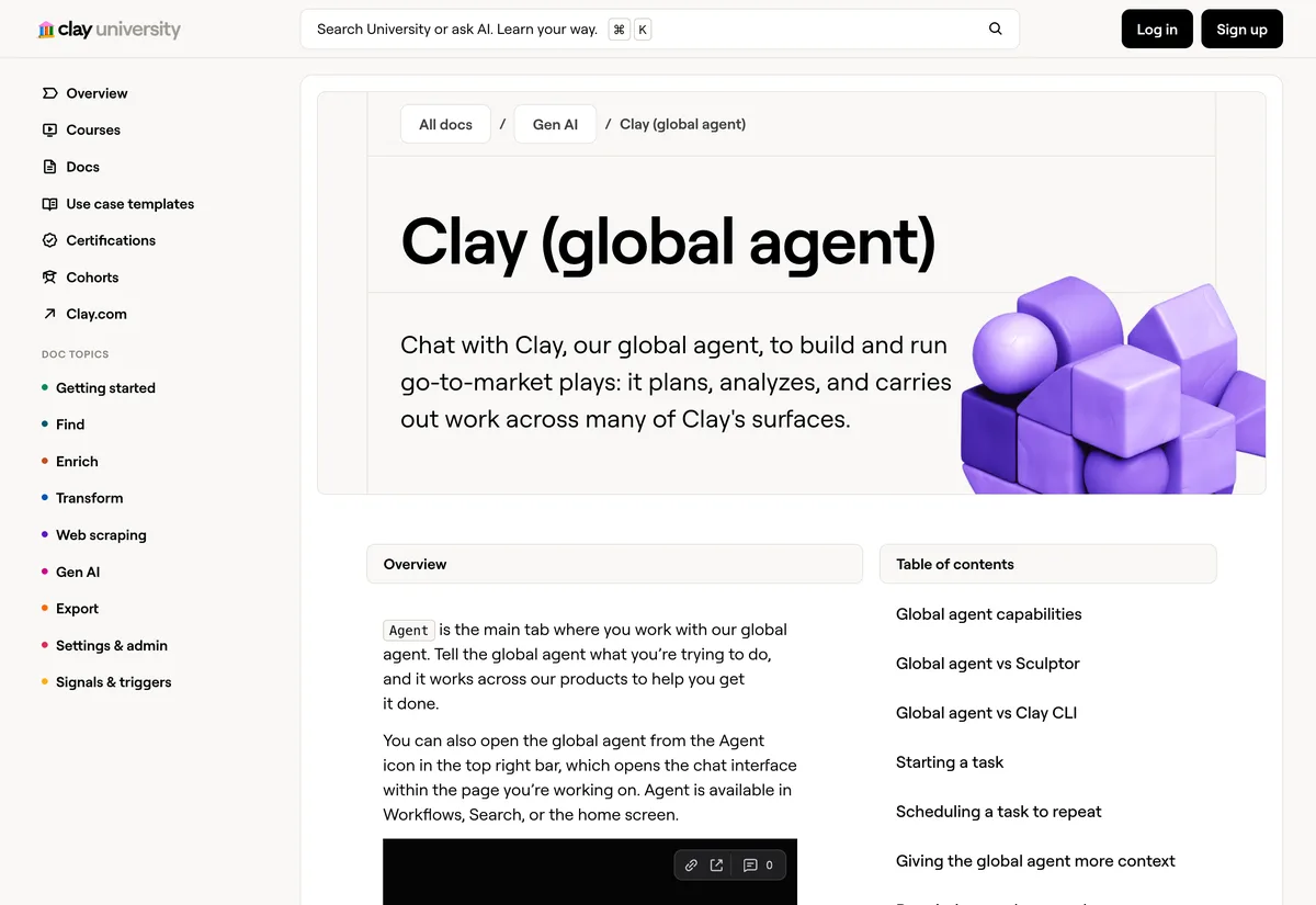 עמוד התיעוד Clay global agent באתר Clay University עם ההסבר שהסוכן מתכנן, מנתח ומבצע עבודה בכל המוצרים של Clay