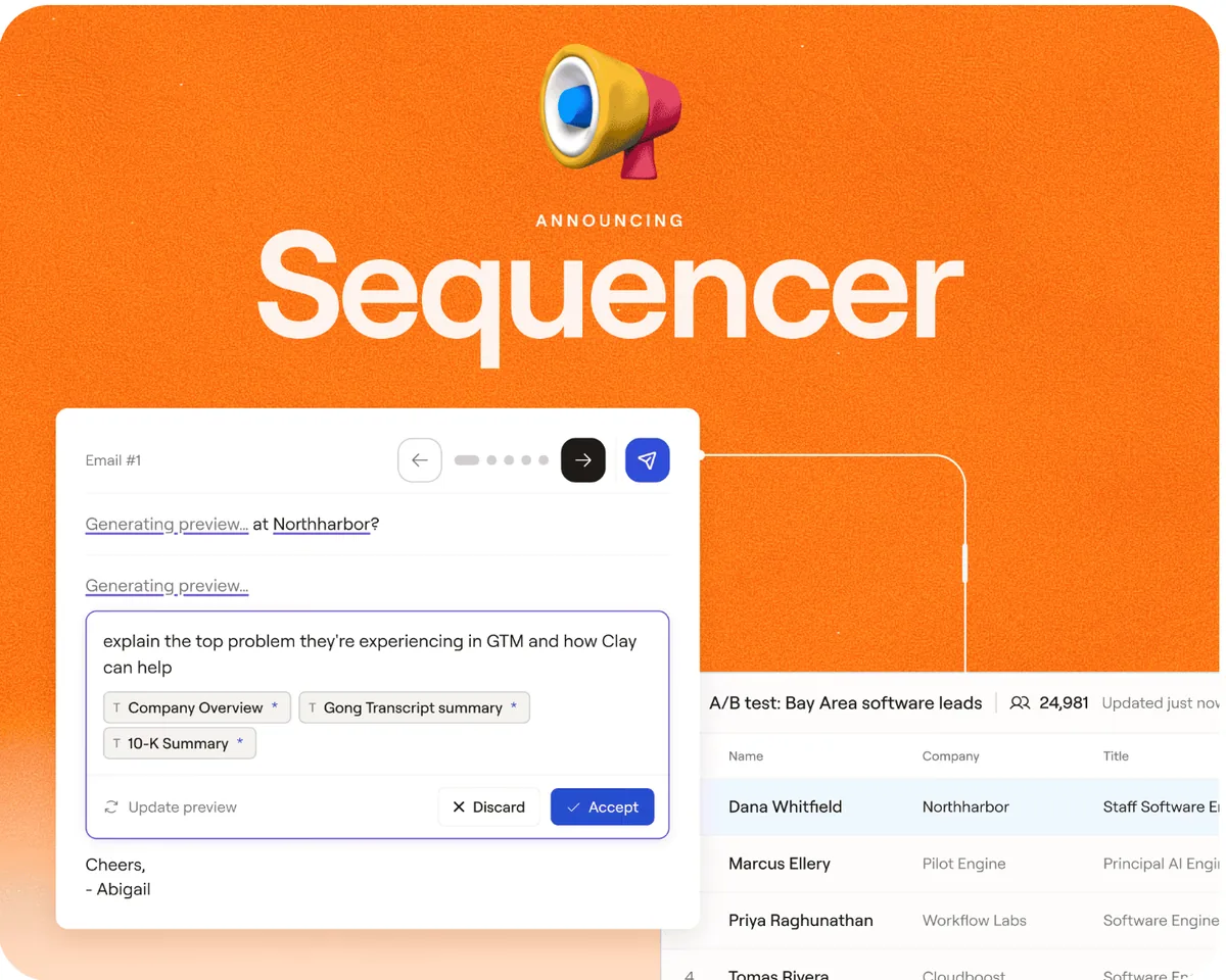 המסך הרשמי של Clay Sequencer: עורך מייל עם AI ולצידו טבלת A/B טסט של לידים מחברות תוכנה