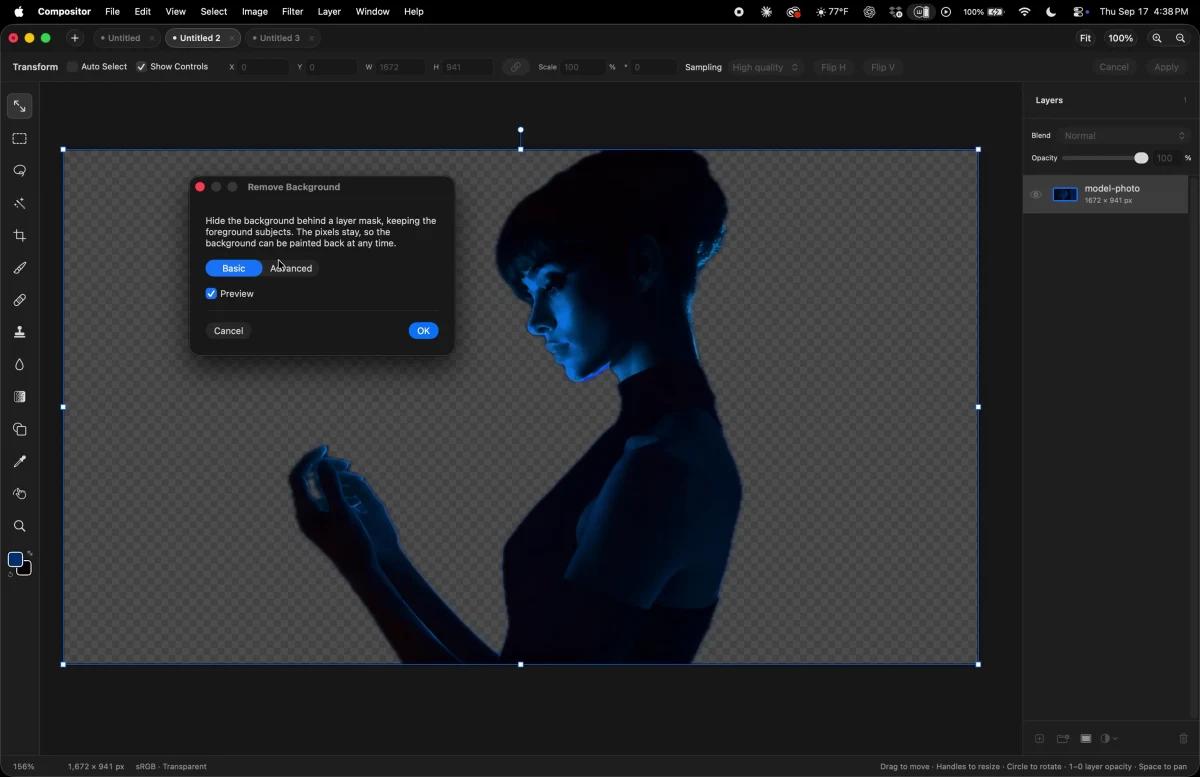 חלון Remove Background ב-Compositor מעל דיוקן שהרקע שלו הוסר