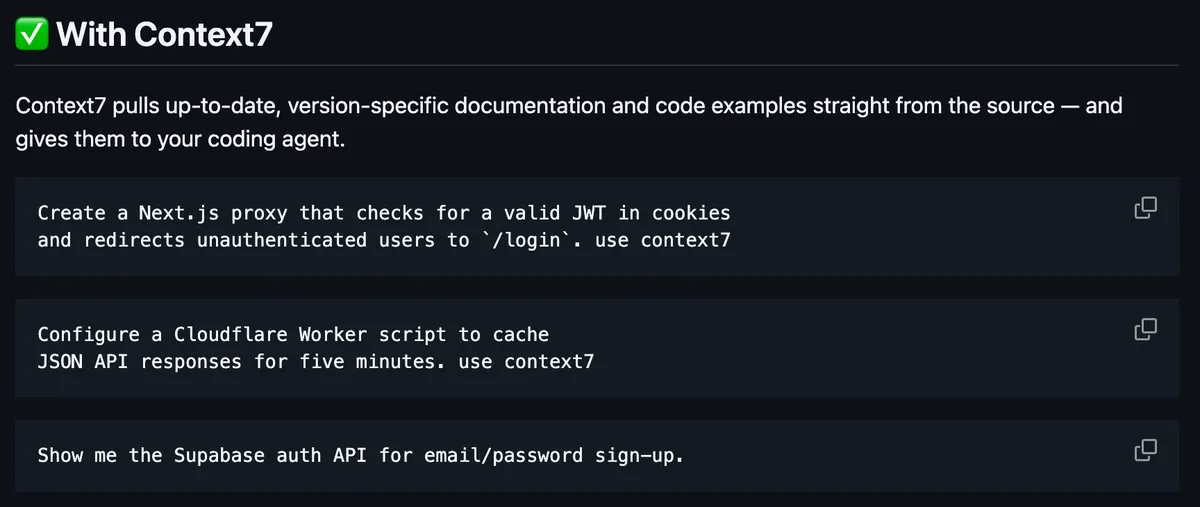 קטע With Context7 מה-README: שלוש בקשות לדוגמה שמסתיימות ב-use context7, על Next.js, Cloudflare Worker ו-Supabase