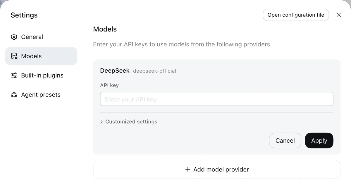 מסך Settings ואז Models בממשק של DeepSeek Harness: כרטיס DeepSeek עם שדה למפתח API וכפתור Add model provider