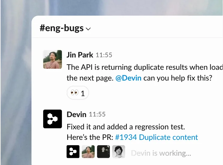 שרשור בסלאק שבו מתייגים את Devin על באג והוא עונה עם קישור לבקשת שינוי שמתקנת אותו