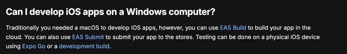 השאלה Can I develop iOS apps on a Windows computer מעמוד השאלות הנפוצות של Expo, עם התשובה על EAS Build ו-EAS Submit