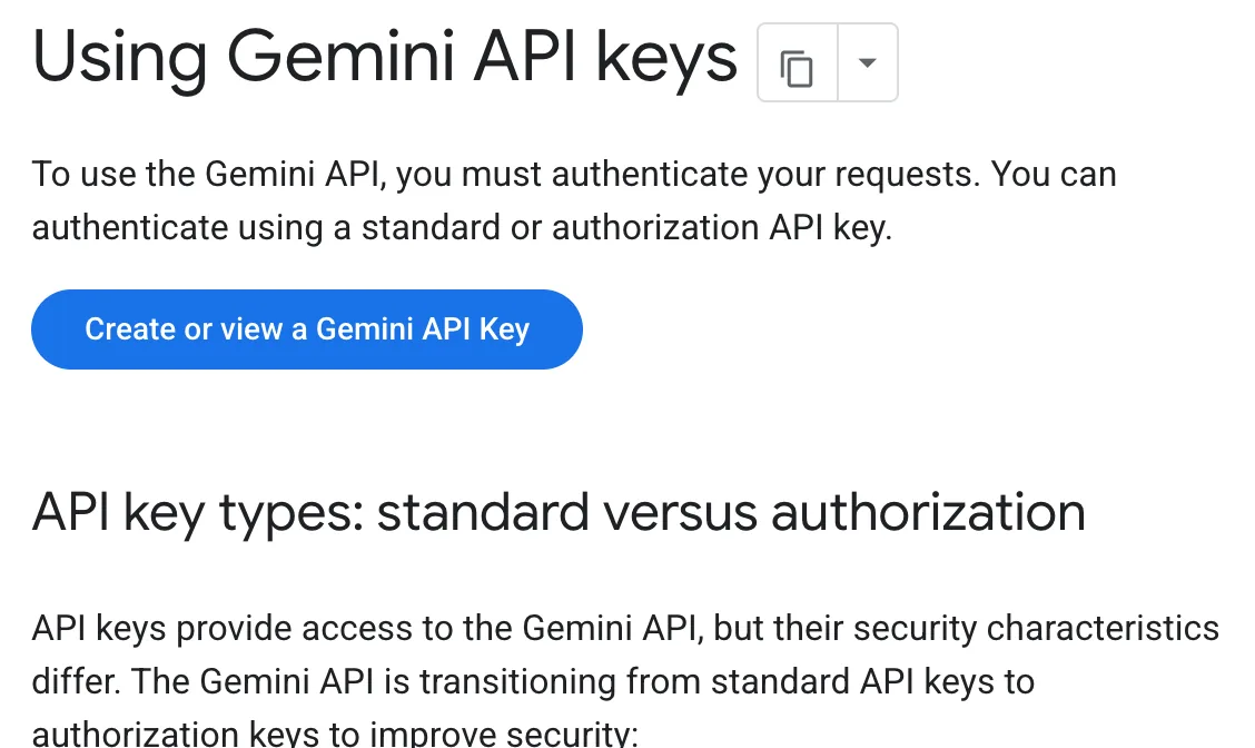 עמוד התיעוד Using Gemini API keys עם כפתור כחול Create or view a Gemini API Key