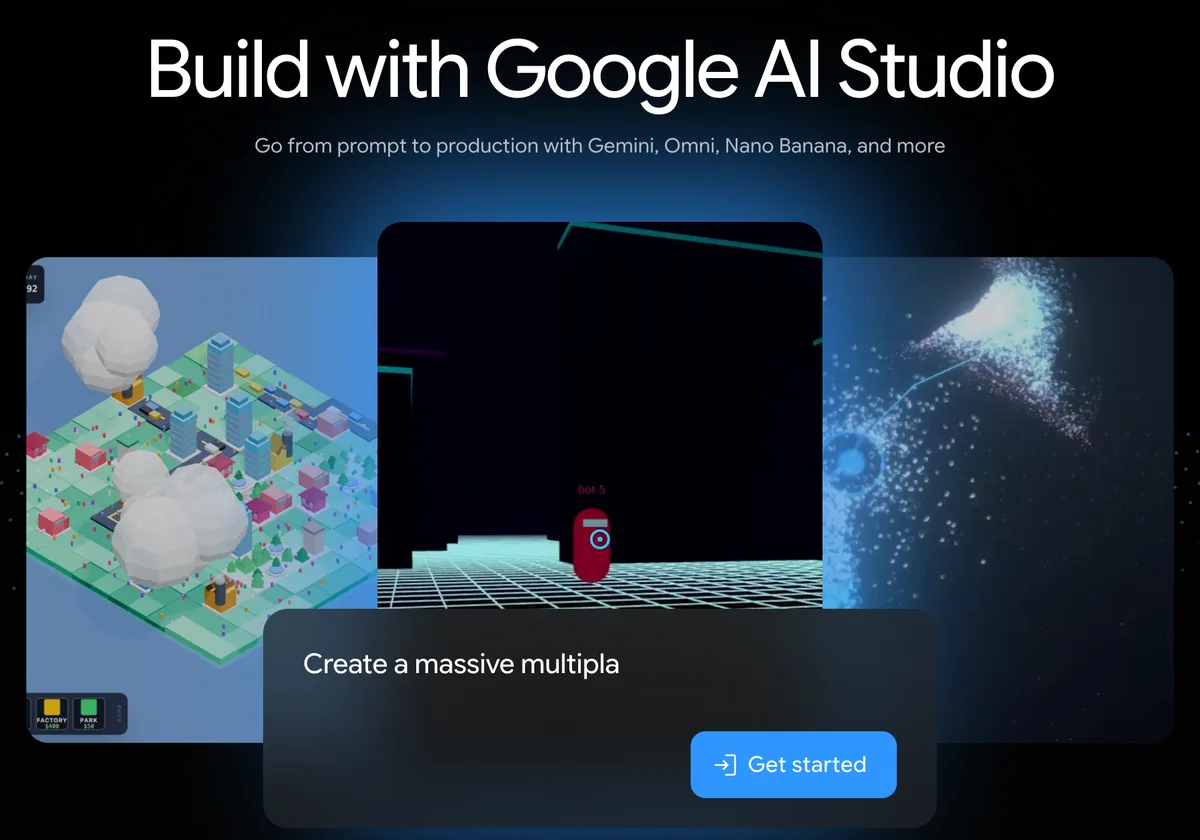 דף הבית של Google AI Studio עם הכותרת Build with Google AI Studio וכפתור Get started