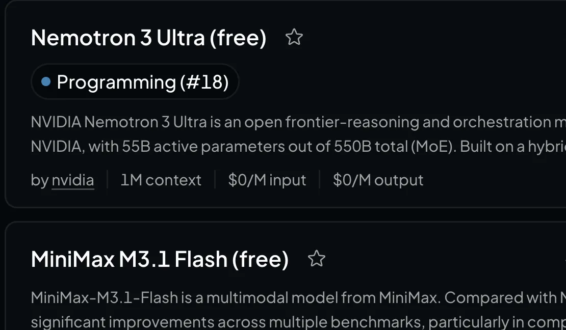 רשימת המודלים ב-OpenRouter עם Nemotron 3 Ultra free ו-MiniMax M3.1 Flash free במחיר 0 דולר