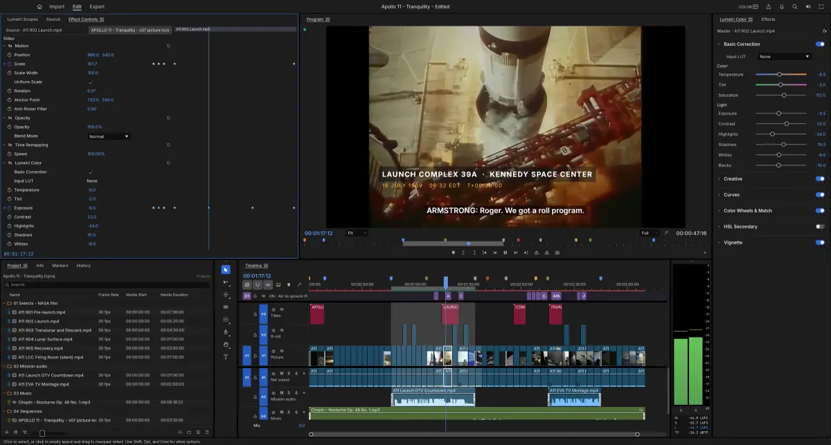 FilmCraft, תוכנה חינמית לעריכת וידאו, עם ציר זמן, מוניטור ופאנל תיקון צבע
