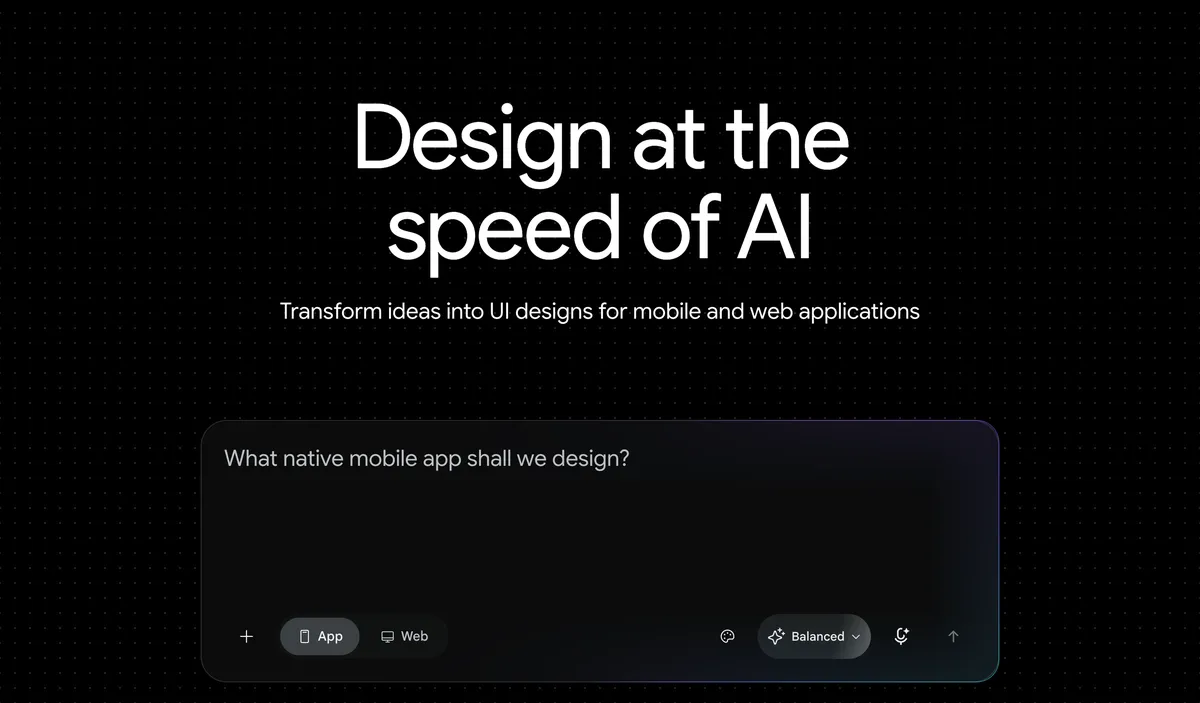 דף הבית של Google Stitch עם הכותרת Design at the speed of AI ותיבה לתיאור האפליקציה