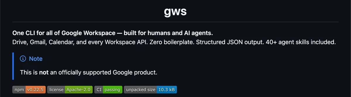 ראש ה-README של gws בגיטהאב, עם השורה 40+ agent skills included וההערה שזה לא מוצר רשמי של גוגל