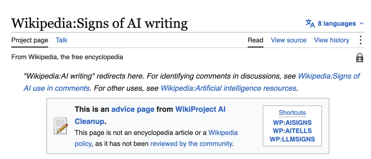 הדף Signs of AI writing בוויקיפדיה האנגלית, עם תיבה שאומרת שזה דף עצות של WikiProject AI Cleanup