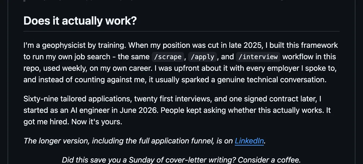 הסעיף Does it actually work ב-README של ai-job-search, עם 69 מועמדויות, 20 ראיונות ראשונים וחוזה אחד חתום