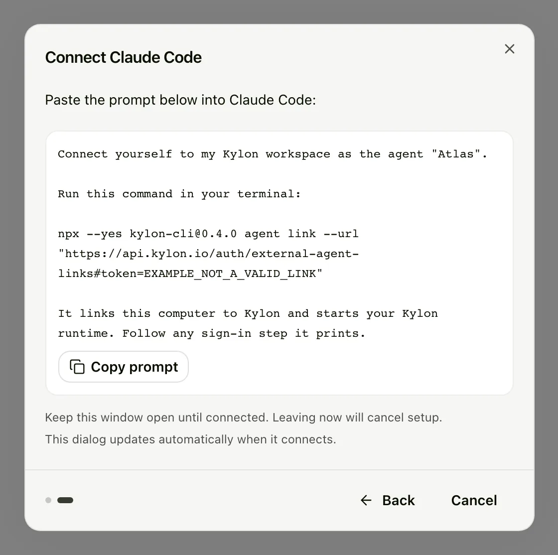 חלון Connect Claude Code ב-Kylon עם פרומפט חיבור לדוגמה וכפתור Copy prompt