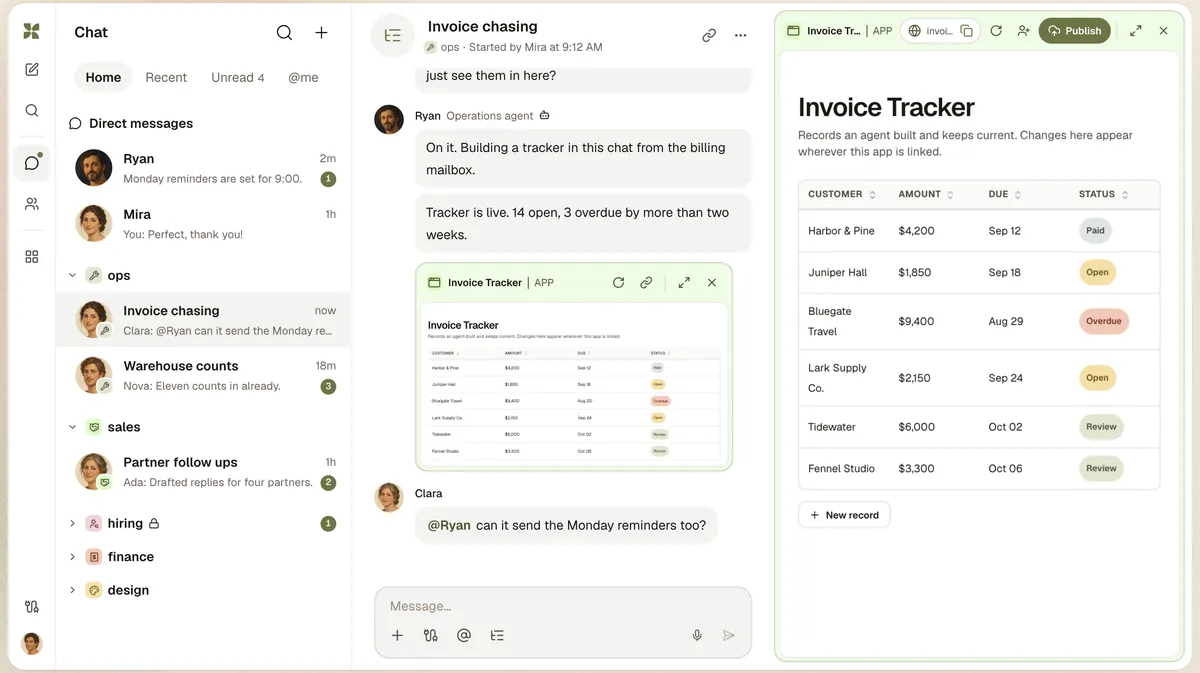 מסך של Kylon עם חדר ops, סוכן שבונה אפליקציית Invoice Tracker בתוך הצ'אט, וטבלת חשבוניות עם סטטוסים
