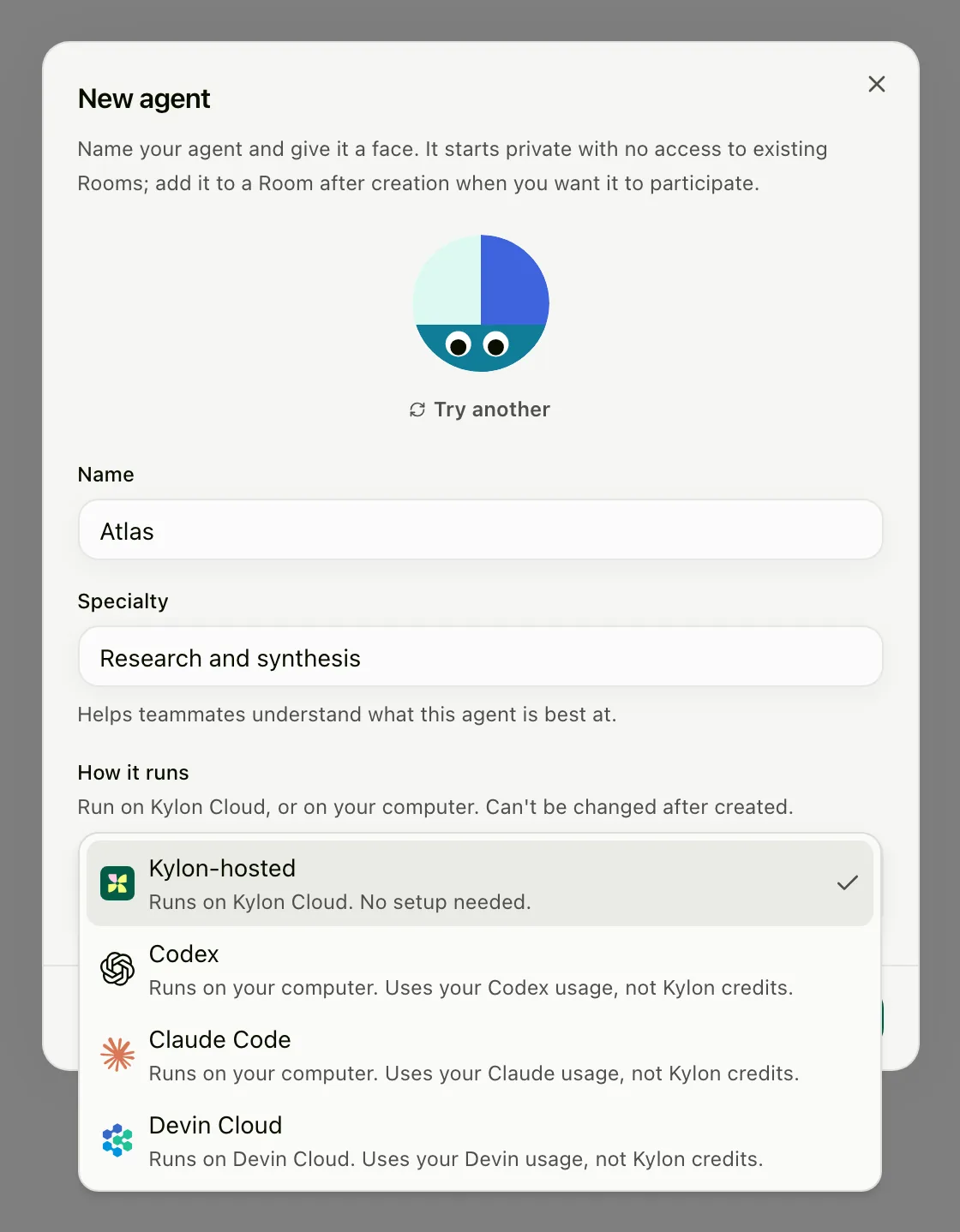 חלון New agent ב-Kylon עם שם, תחום ורשימת How it runs: Kylon-hosted, Codex, קלוד קוד ו-Devin Cloud