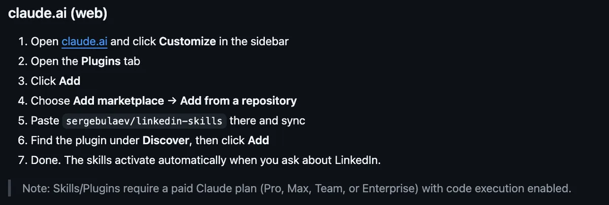 הוראות ההתקנה של LinkedIn Skills באתר claude.ai, עם ההערה שצריך מנוי Claude בתשלום