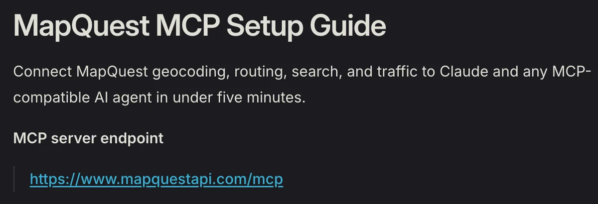 כותרת עמוד ההתקנה MapQuest MCP Setup Guide עם כתובת השרת https://www.mapquestapi.com/mcp