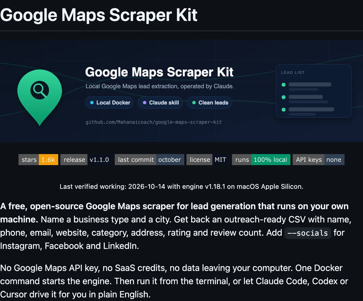 ה-README של Google Maps Scraper Kit בגיטהאב: באנר עם סיכה ירוקה, תגיות MIT, ריצה מקומית ובלי מפתחות API