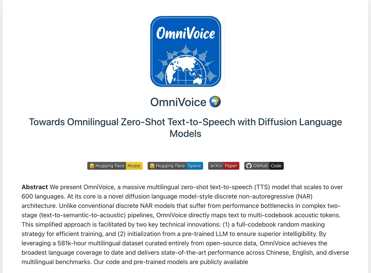 עמוד הדמו הרשמי של OmniVoice עם הלוגו, כותרת המאמר וקישורים להאגינג פייס, למאמר ולגיטהאב