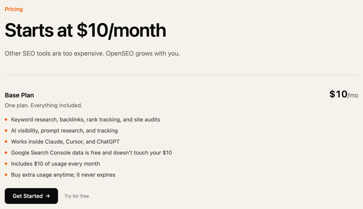 דף המחירים של OpenSEO עם הכותרת Starts at $10/month ותוכנית Base Plan ב-10 דולר לחודש