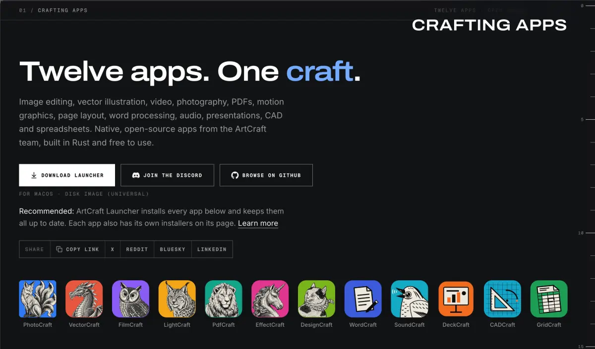 עמוד Crafting Apps באתר של ArtCraft עם האייקונים של 12 האפליקציות, ביניהן PhotoCraft, FilmCraft ו-LightCraft