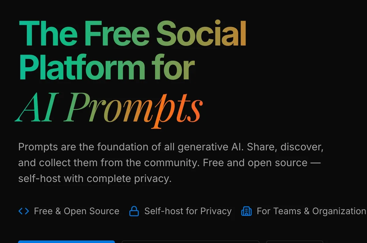 דף הבית של prompts.chat עם הכותרת The Free Social Platform for AI Prompts והתגיות Free and Open Source ו-Self-host for Privacy