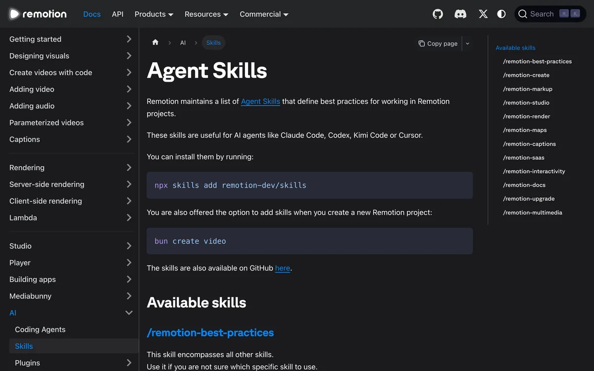 עמוד Agent Skills בתיעוד של Remotion עם פקודת ההתקנה npx skills add remotion-dev/skills ורשימת הסקילים