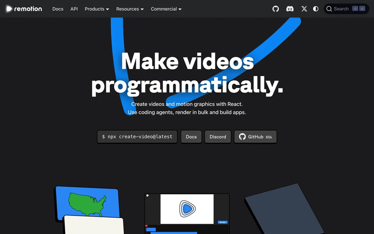 דף הבית של Remotion עם הכותרת Make videos programmatically