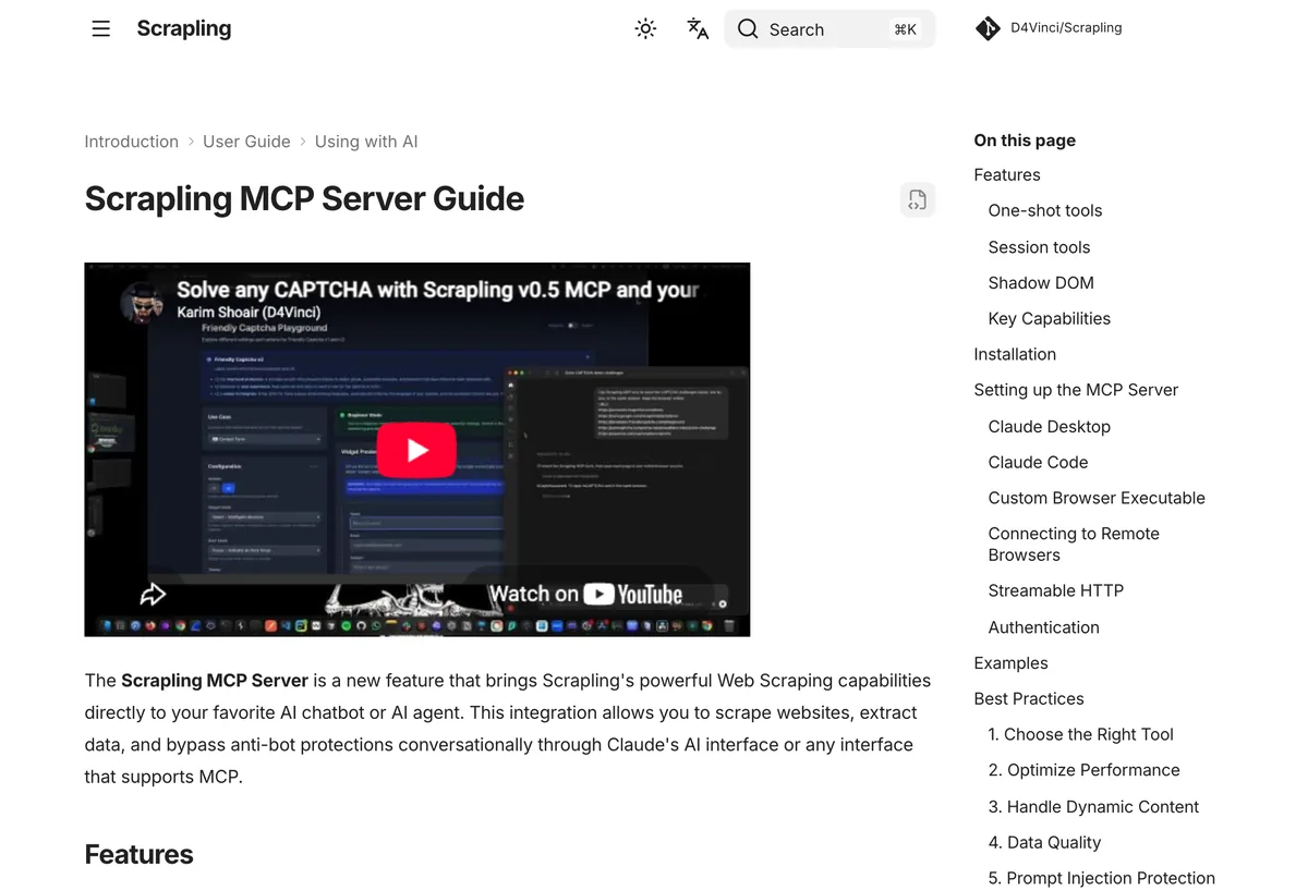 עמוד התיעוד Scrapling MCP Server Guide עם תפריט שכולל התקנה לקלוד קוד ולאפליקציית הדסקטופ
