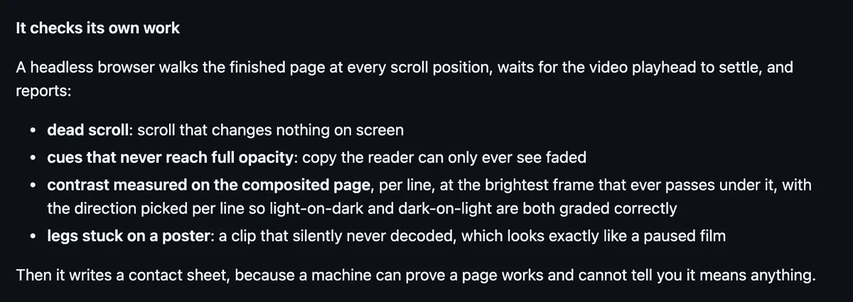 הסעיף It checks its own work ב-README של scroll-craft, עם ארבע הבעיות שהבדיקה מוצאת: dead scroll, טקסט שלא מגיע לשקיפות מלאה, ניגודיות וקליפ שנתקע