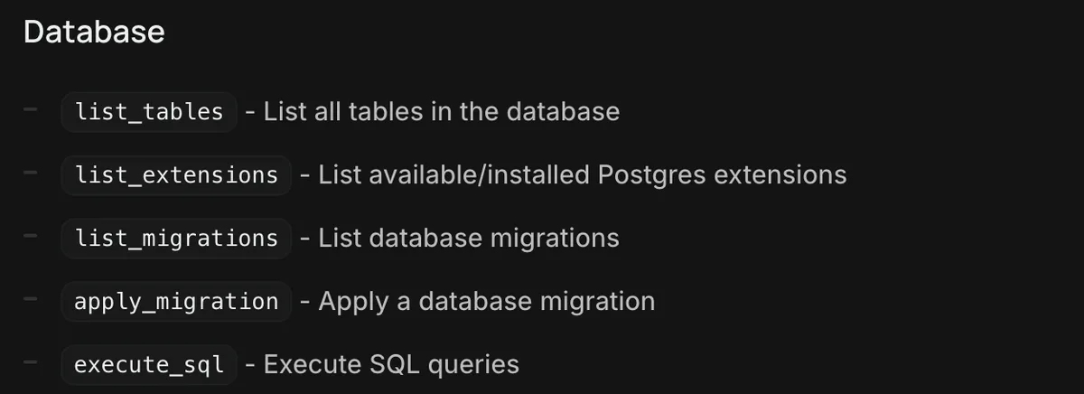 רשימת כלי מסד הנתונים של Supabase MCP: list_tables, list_extensions, list_migrations, apply_migration ו-execute_sql