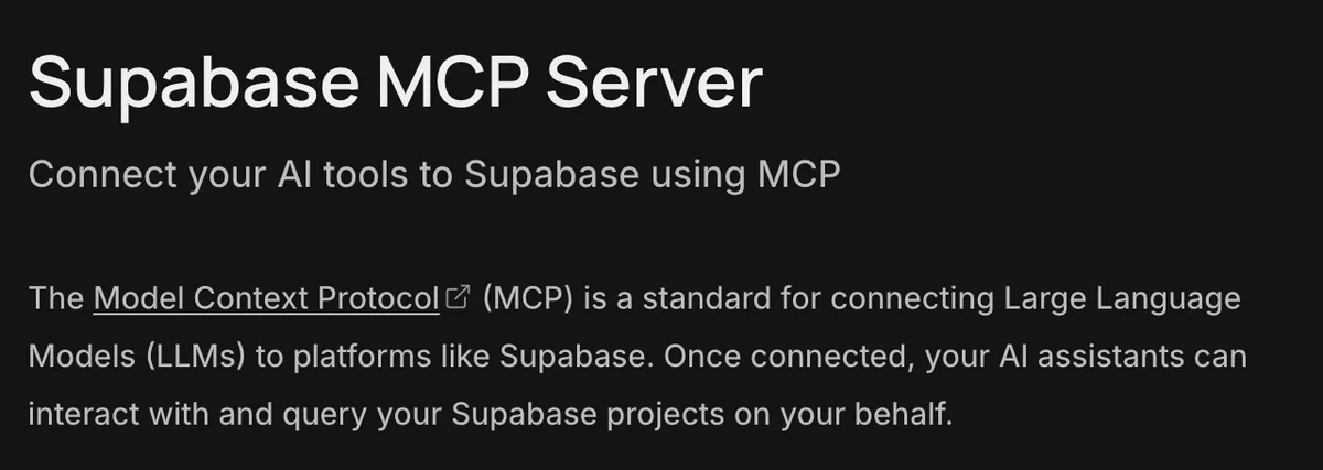 ראש עמוד התיעוד Supabase MCP Server עם הכותרת Connect your AI tools to Supabase using MCP