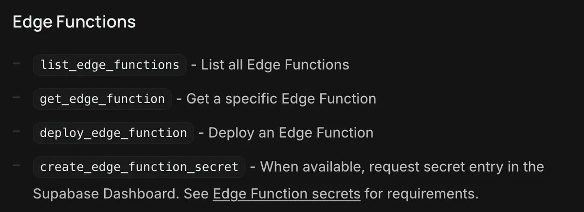 רשימת כלי Edge Functions של Supabase MCP, כולל deploy_edge_function להעלאת פונקציה לשרת
