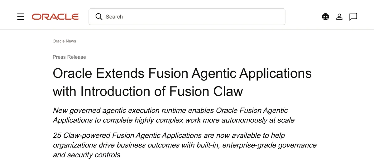 הודעת העיתונות של אורקל: Oracle Extends Fusion Agentic Applications with Introduction of Fusion Claw