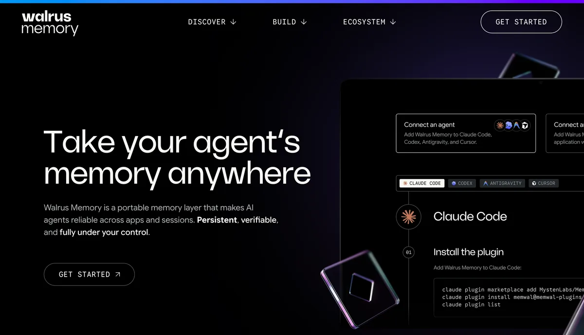 דף המוצר של Walrus Memory עם הכותרת Take your agent's memory anywhere וחלון התקנה לקלוד קוד