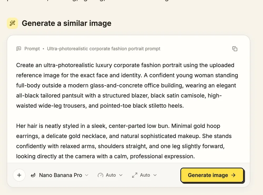 התיבה Generate a similar image ב-YouMind עם פרומפט מלא, בחירת המודל Nano Banana Pro וכפתור Generate image